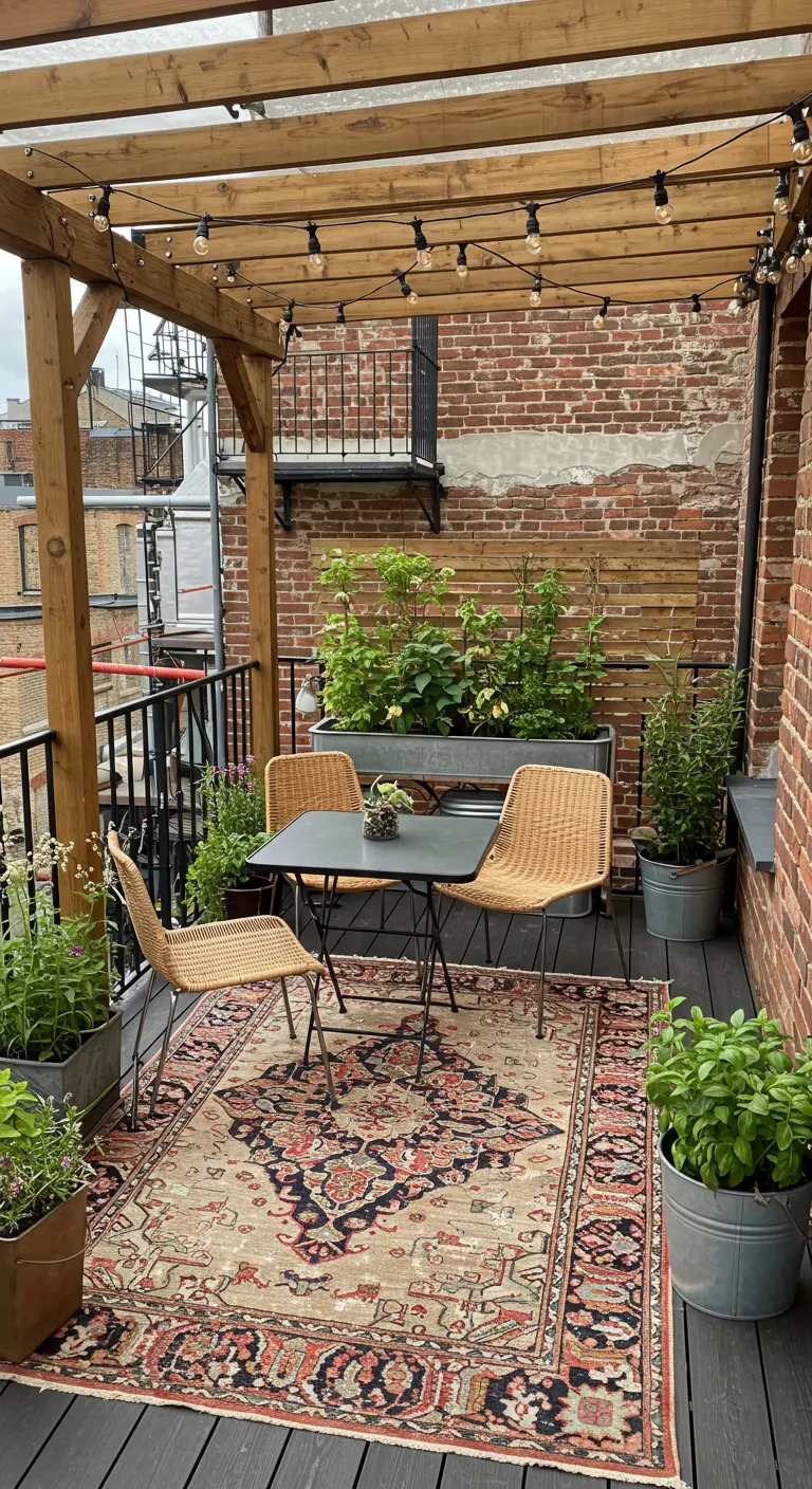 A rooftop balcony with a bistro set, a Persian rug, and planters filled with herbs.