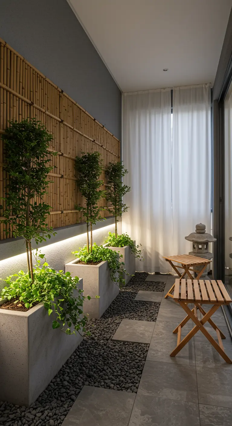 Modern balcony with bamboo wall, concrete planters, gravel, stepping stones, and sheer white curtains.