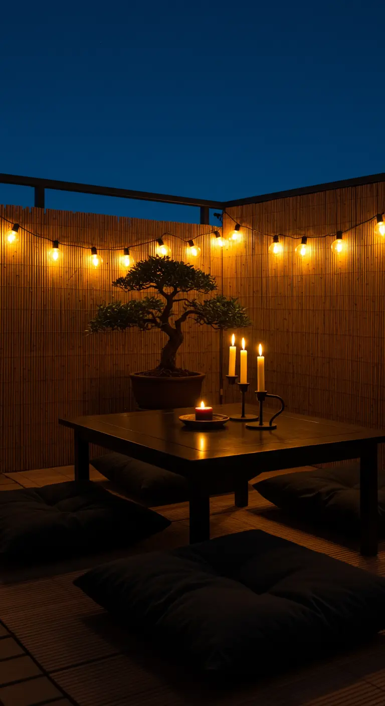 A Japanese-inspired balcony with low seating, a bonsai tree, string lights, and a bamboo screen.