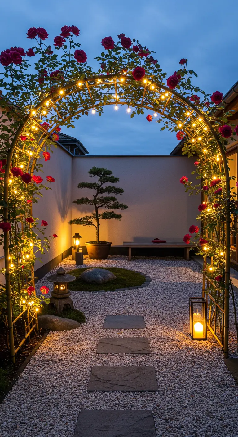 Bamboo arch with red climbing roses and fairy lights leading to a zen garden.