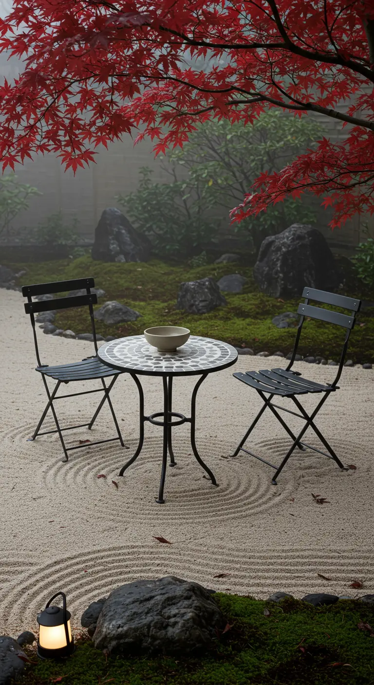 Minimalist mosaic bistro table in a Japanese-inspired zen garden with raked gravel.