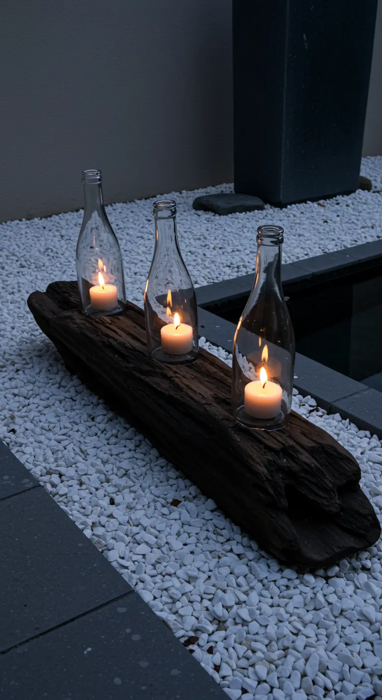 Dark driftwood log with three clear bottle candles on a bed of white gravel.
