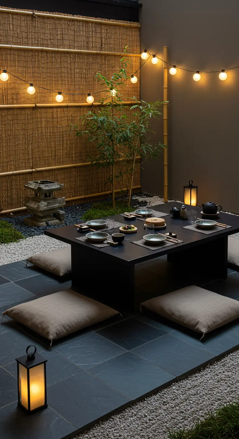 A Japanese-inspired patio with a low dining table, floor cushions, and a bamboo screen.