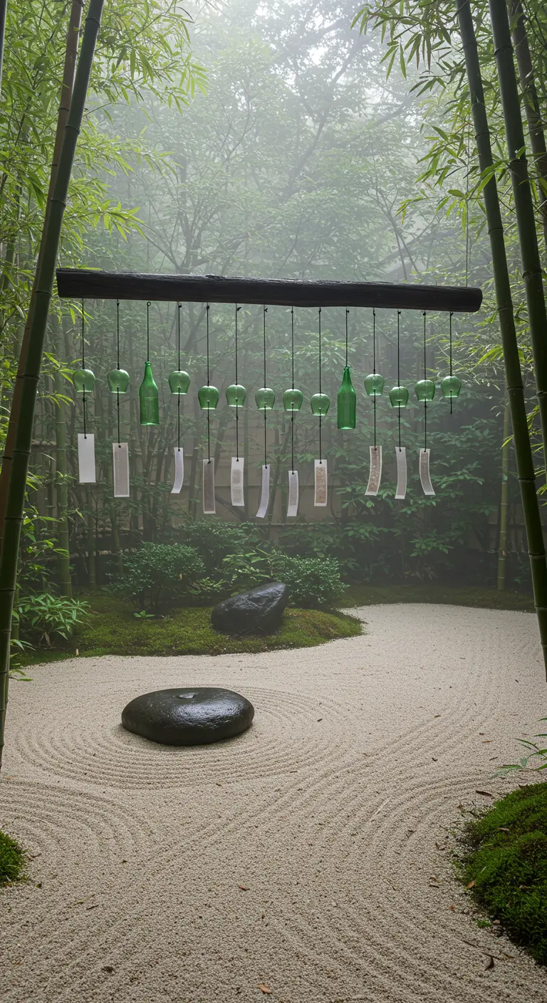 Green bottle wind chimes hanging in a misty Japanese zen garden with bamboo.