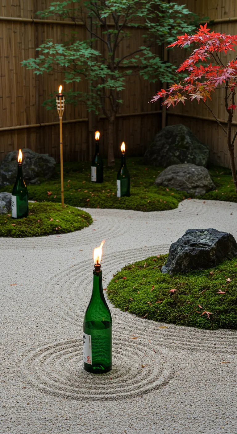 A Japanese zen garden with a single green bottle torch placed in the raked sand.