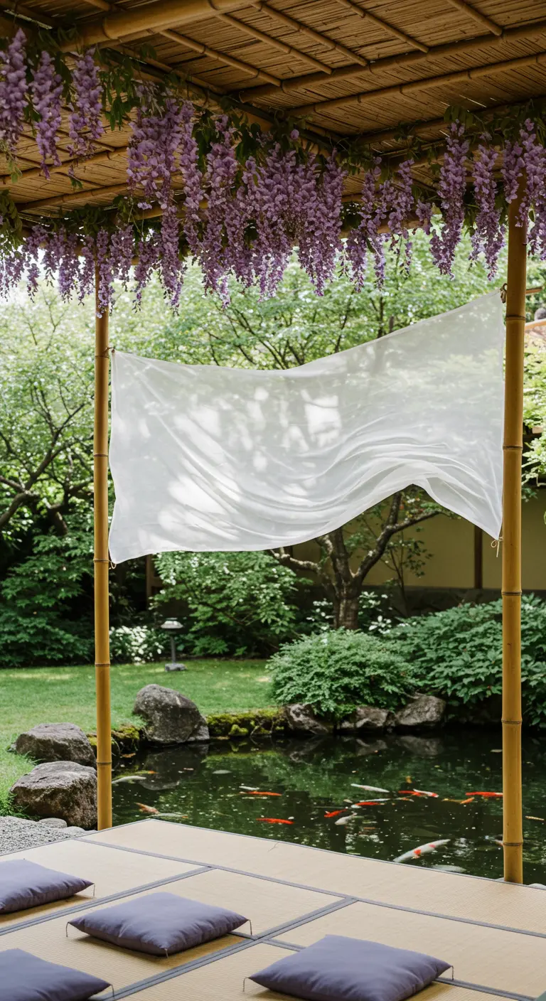 Bamboo canopy with wisteria in a zen garden overlooking a koi pond.