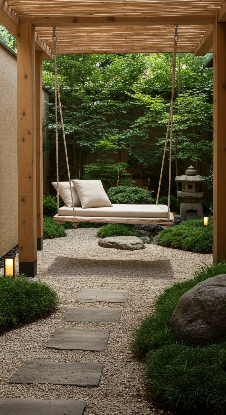 Simple wooden swing bench with neutral cushions in a raked gravel Zen garden.