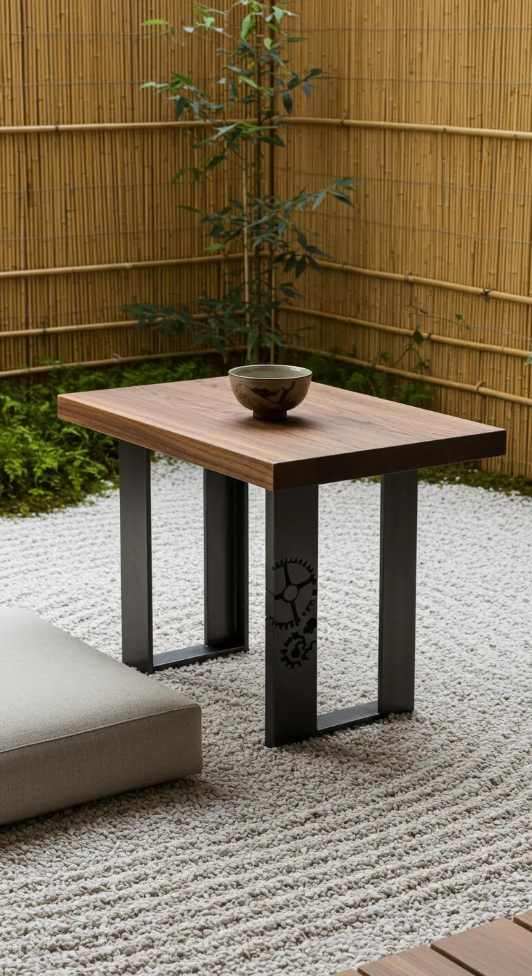 Minimalist wood and metal table with a subtle gear etching, set in a Japanese-style sand garden.