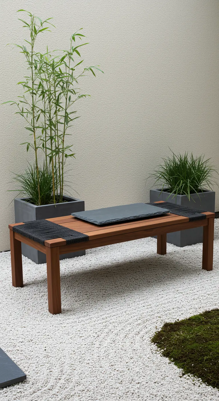 A minimalist wooden bench with black rope details, flanked by modern planters in a zen garden.