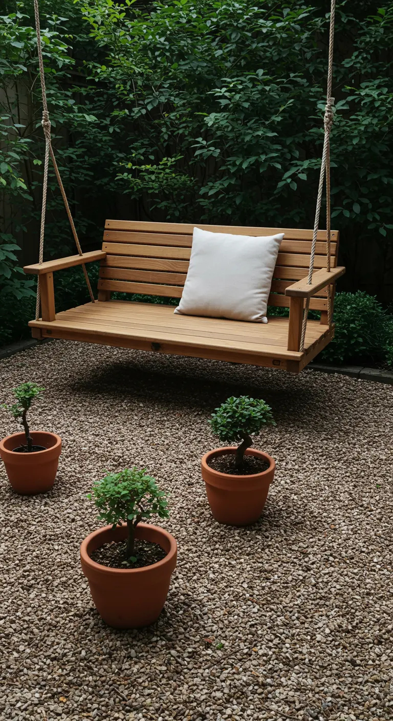 Minimalist wooden swing with a single white pillow in a gravel garden.