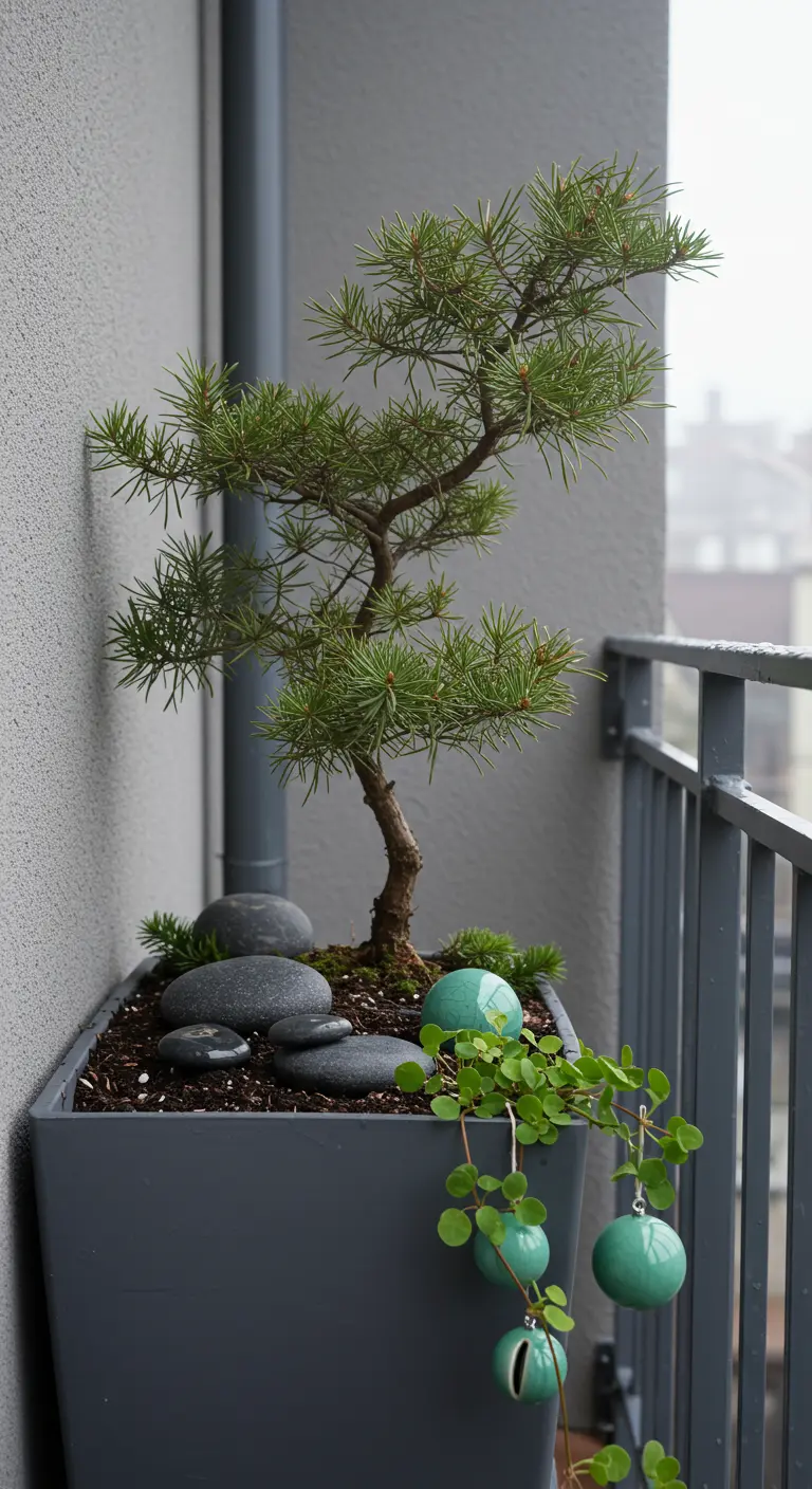 A minimalist planter with a bonsai pine, river stones, and green baubles.