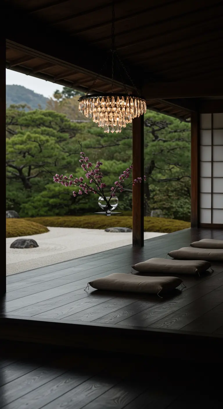 A crystal chandelier hangs on a dark wood veranda overlooking a Japanese zen garden.