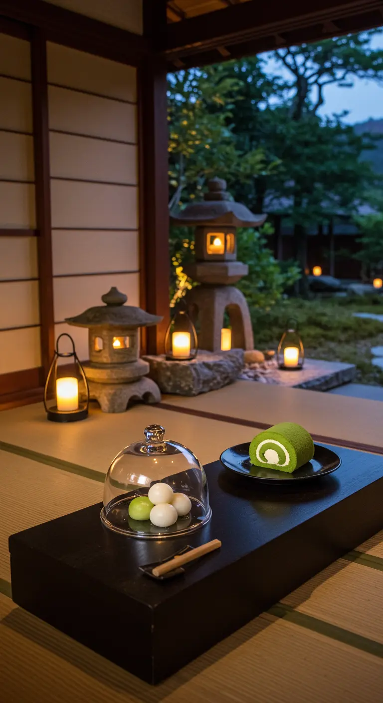 Japanese-style dessert setting with matcha roll and mochi under a cloche on a low black table.