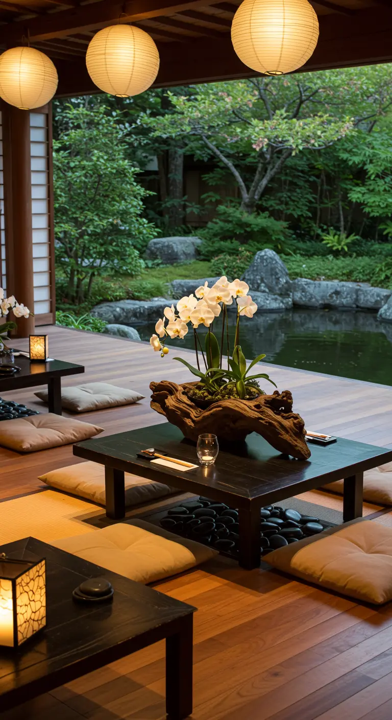 A Japanese-style low table with floor cushions and a driftwood orchid centerpiece.