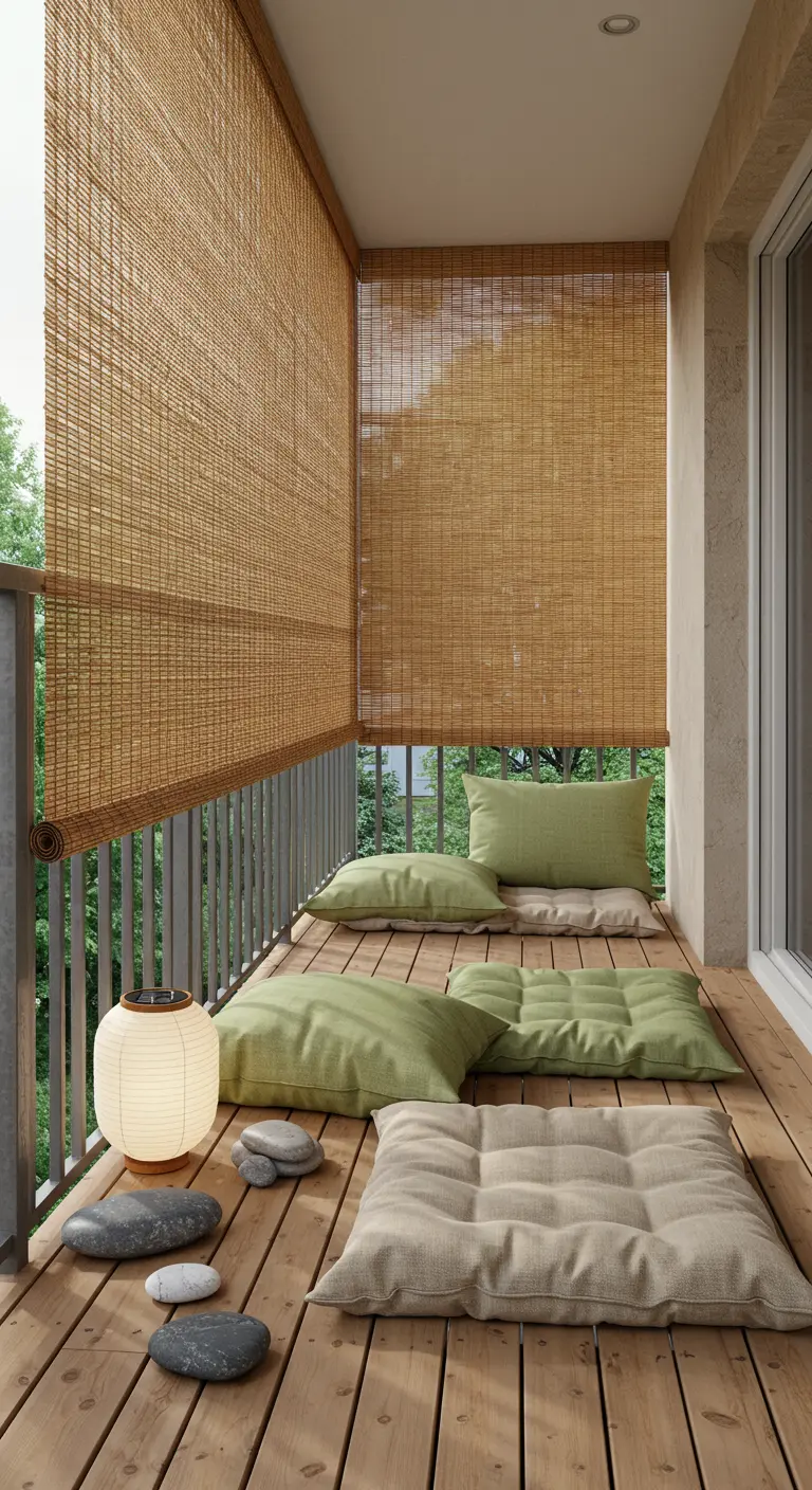 A tranquil balcony with bamboo roll-up blinds, floor cushions, and a paper lantern.