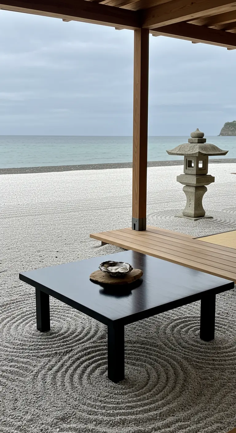 Low black table in a zen sand garden with a single oyster shell and a stone lantern.