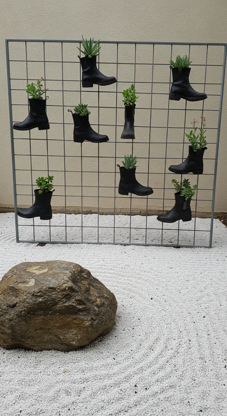Black boots with succulents on a metal grid trellis in a white gravel zen garden.