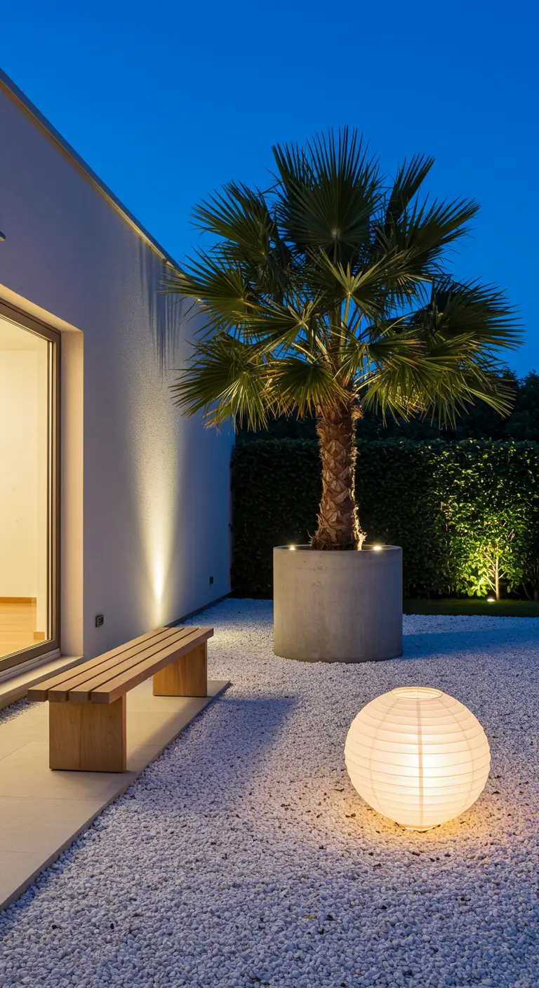 A minimalist gravel yard with a single palm in a concrete pot and a glowing orb lantern.