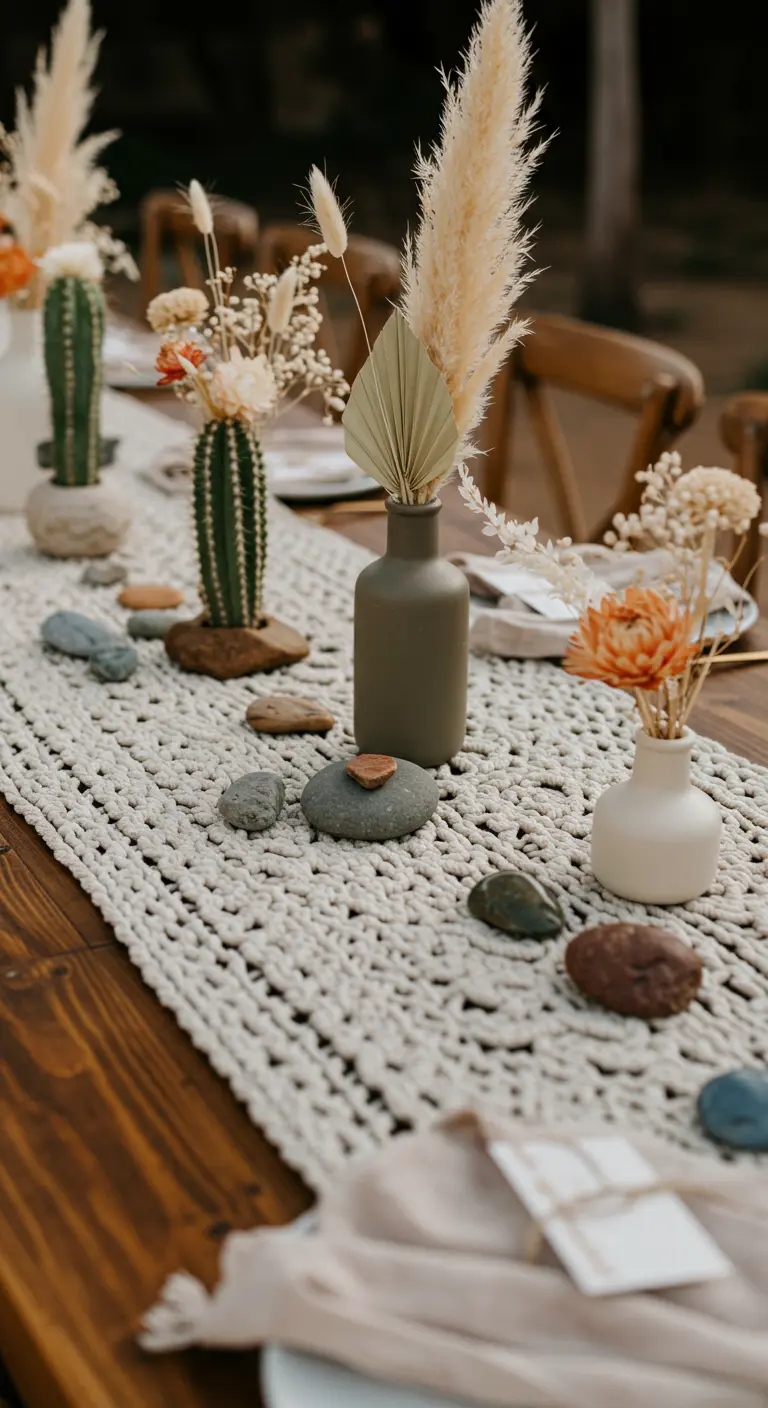 A macrame table runner decorated with smooth stones and minimalist bud vases.