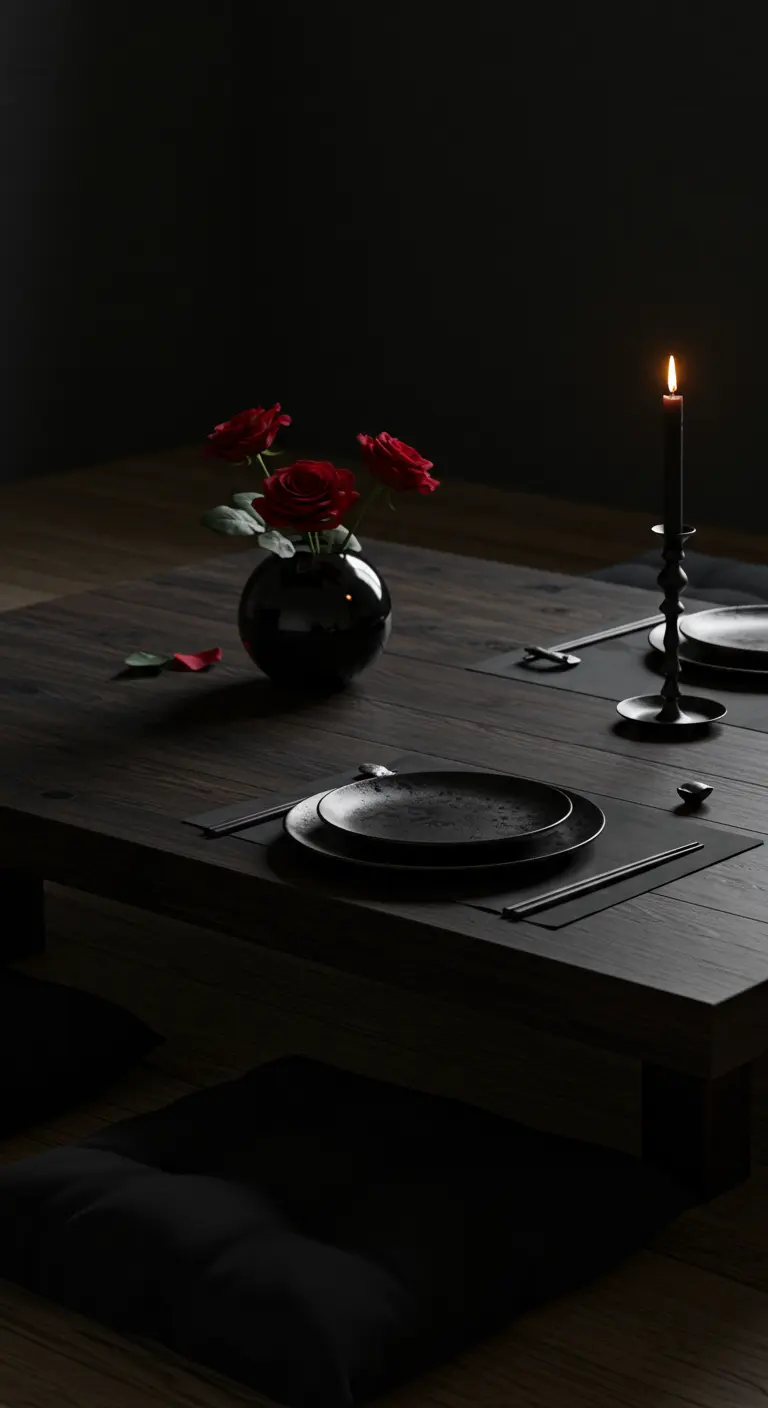 Minimalist dark table setting with black plates, a single vase of red roses, and one candle.