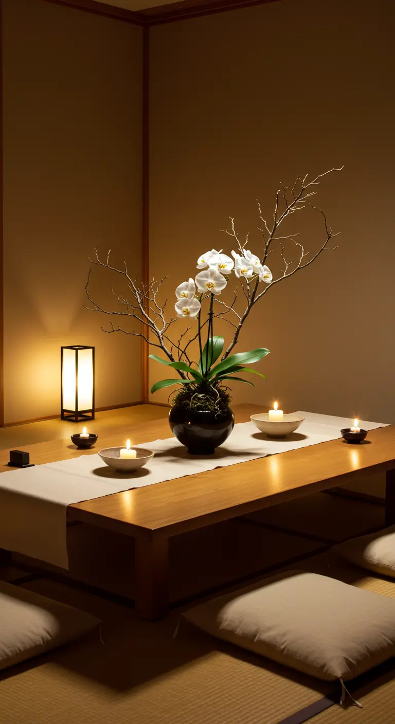 A low wooden table with an orchid centerpiece, candles, and floor cushions in a minimalist room.