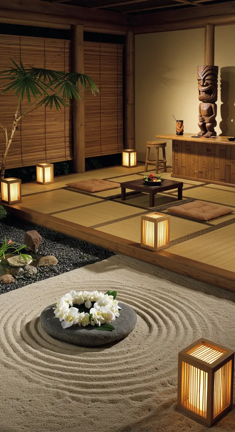 A minimalist tiki space with tatami mats, a zen garden, and simple square wooden lanterns.