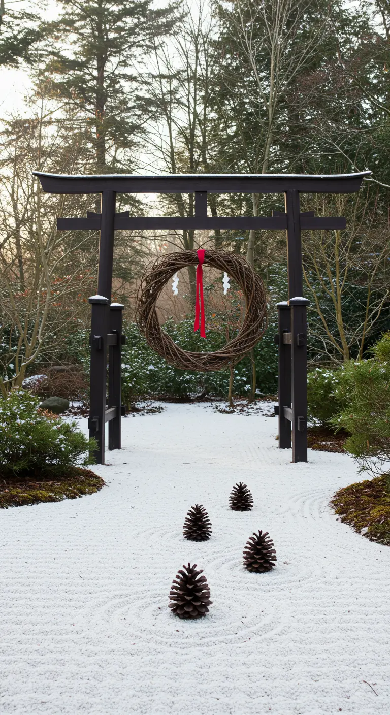 A Japanese Torii gate in a snow-covered zen garden with a twig wreath and carefully placed pinecones.