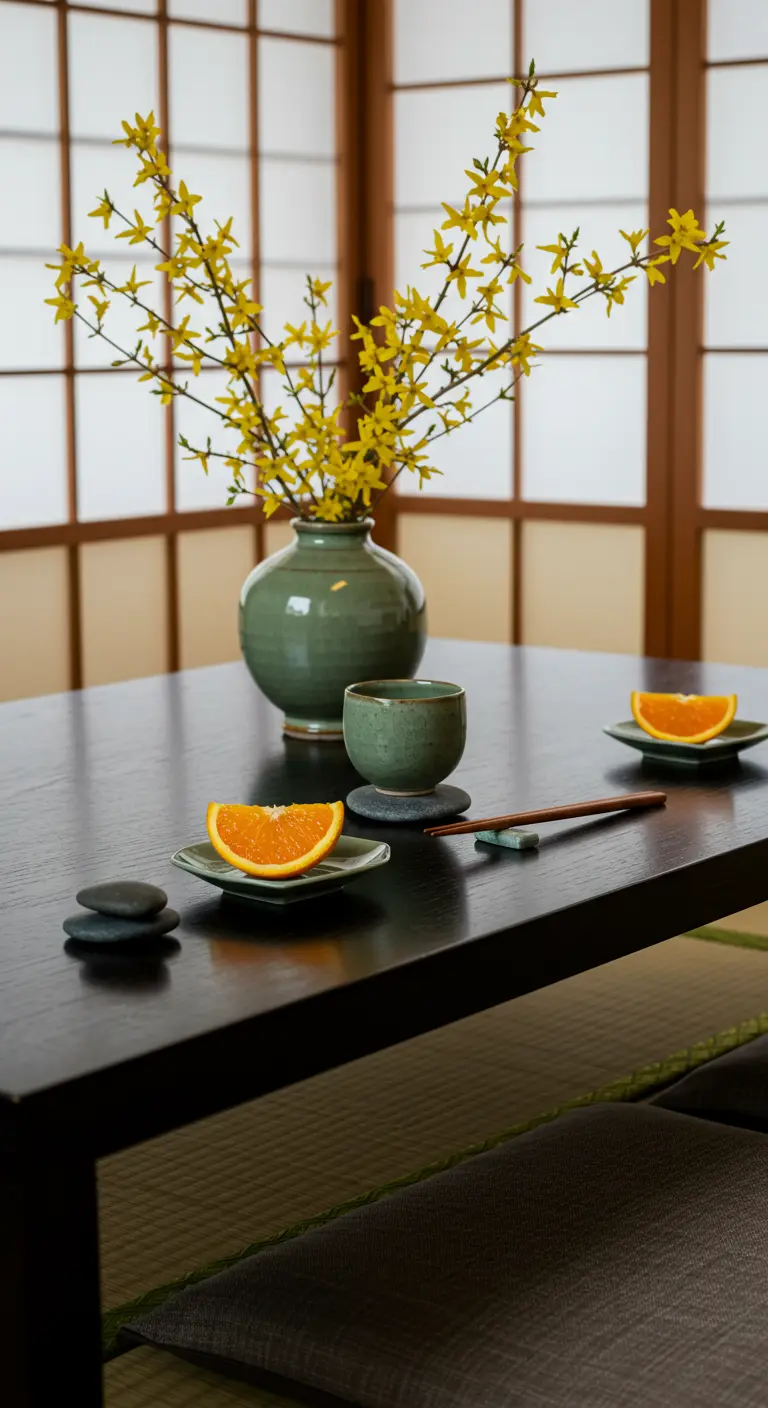 A minimalist Japanese-style low table with a single branch of yellow flowers in a vase.