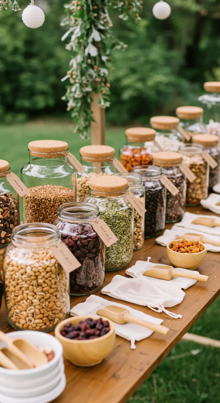 A zero-waste trail mix bar with ingredients in large glass jars.