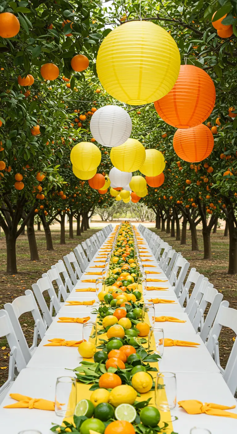 Long white table in an orange grove with a citrus runner and yellow and orange lanterns.