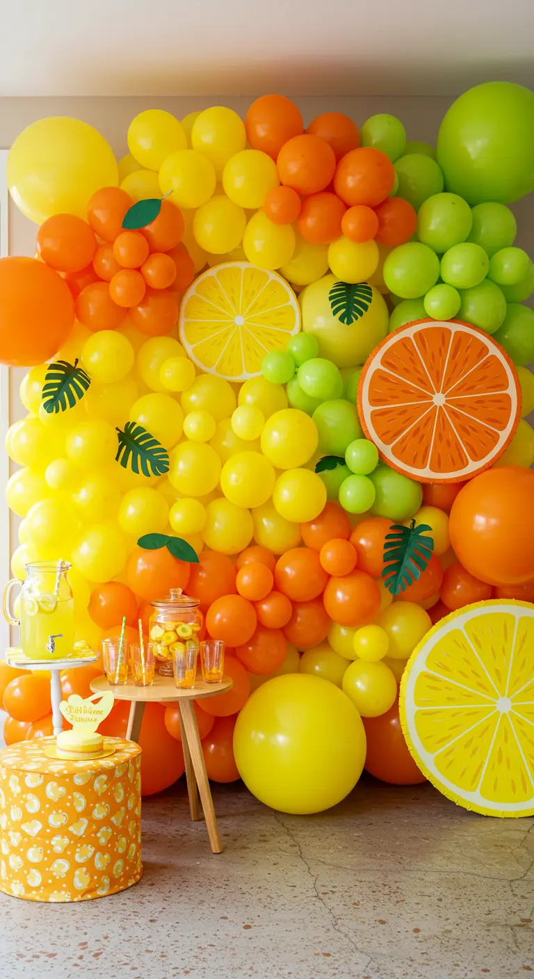 A citrus-themed balloon wall in yellow, orange, and green with large fruit cutouts.