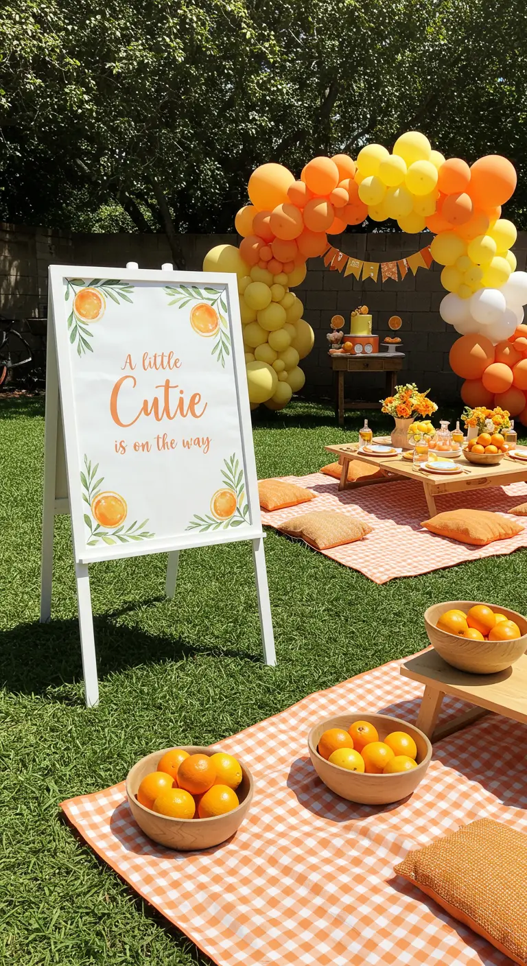 A baby shower sign that says 'A little cutie is on the way' with orange graphics.