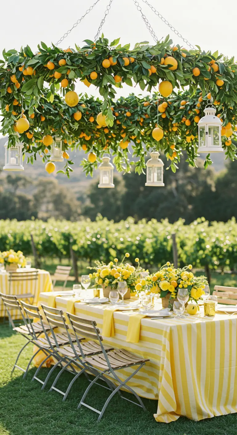 A round chandelier made of lemon branches and leaves, with small white lanterns hanging from it.