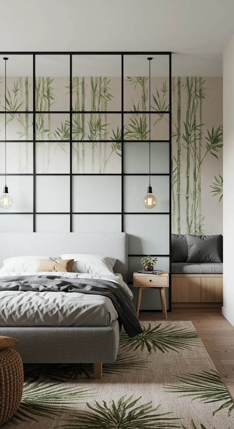 Bedroom with a black-framed glass partition separating the bed from a sitting area.