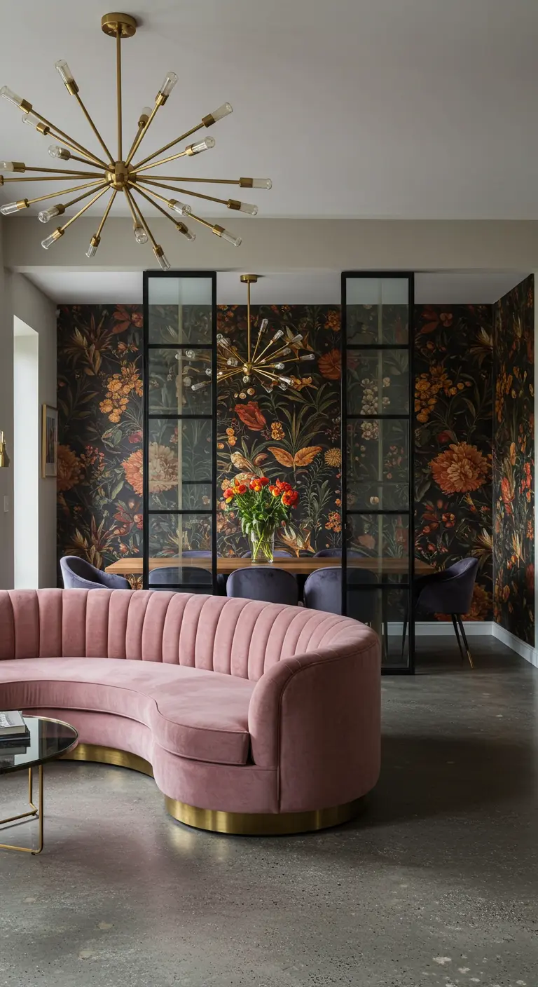 A living-dining area with a pink velvet curved sofa and a moody floral wallpaper in the background.