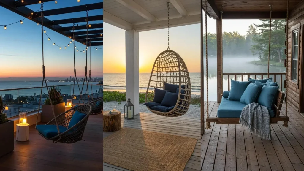 Coastal rope-wrapped swing chairs with ocean-blue accent pillows on beach decks and a city rooftop.