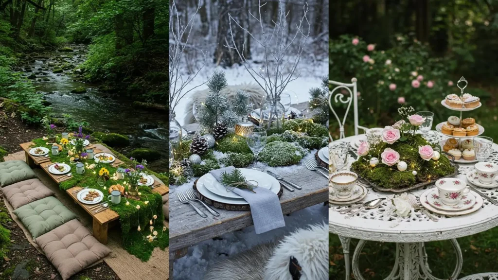 Three enchanted forest tablescapes featuring moss centerpieces and twinkling fairy lights, perfect for party styling.