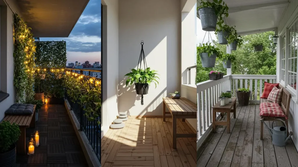 Three lush balconies with cascading plants, macrame hangers, and wooden slat floors, creating a garden oasis.