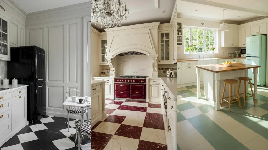 Vintage kitchens with checkerboard floors, showcasing retro refrigerators and range cookers in various colors.