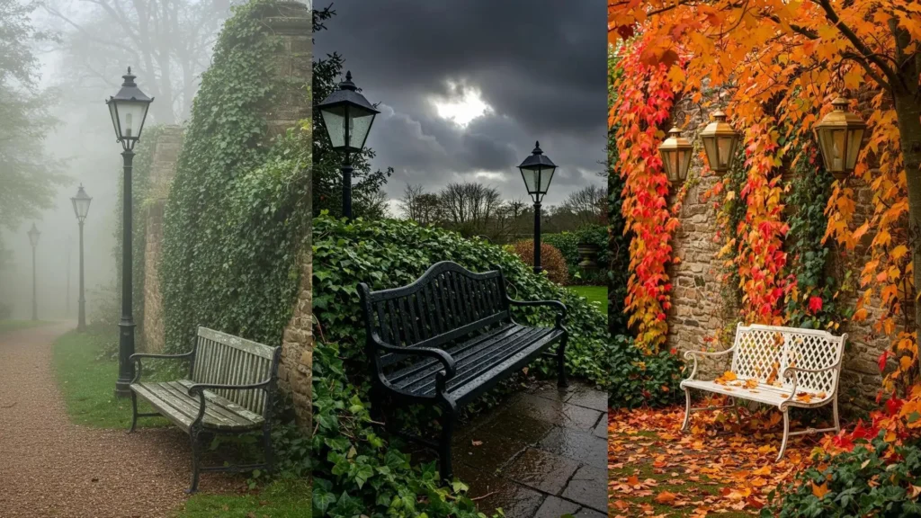 Vintage Victorian park benches with climbing ivy and lanterns in varied garden settings, from misty to autumn.