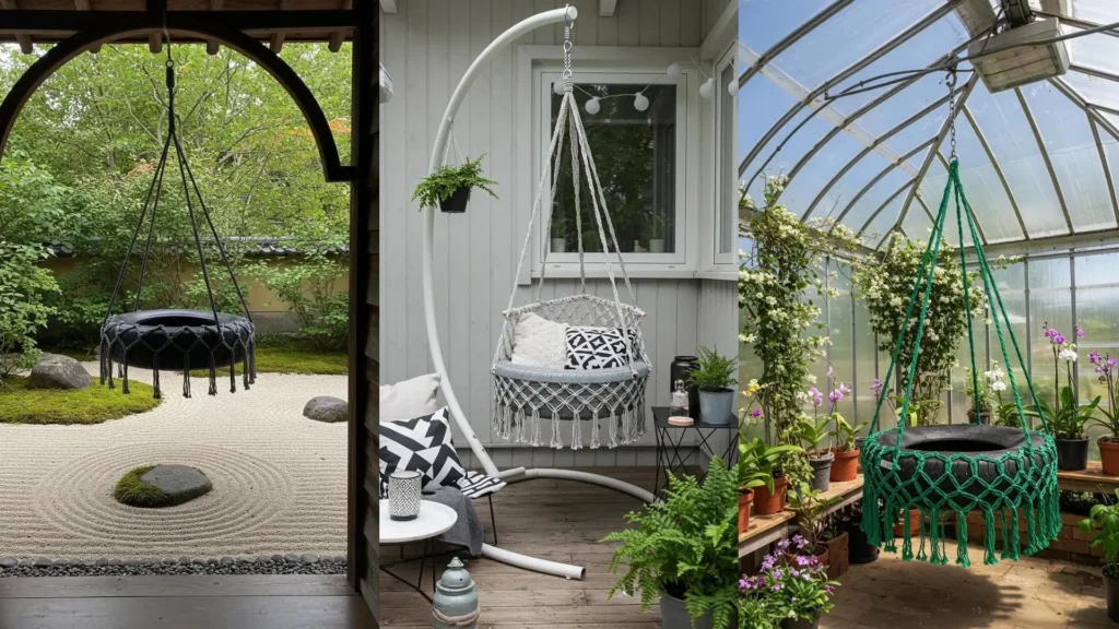 Outdoor DIY tire-wrapped hammock chairs with macrame fringe, including black in a garden and green in a greenhouse.