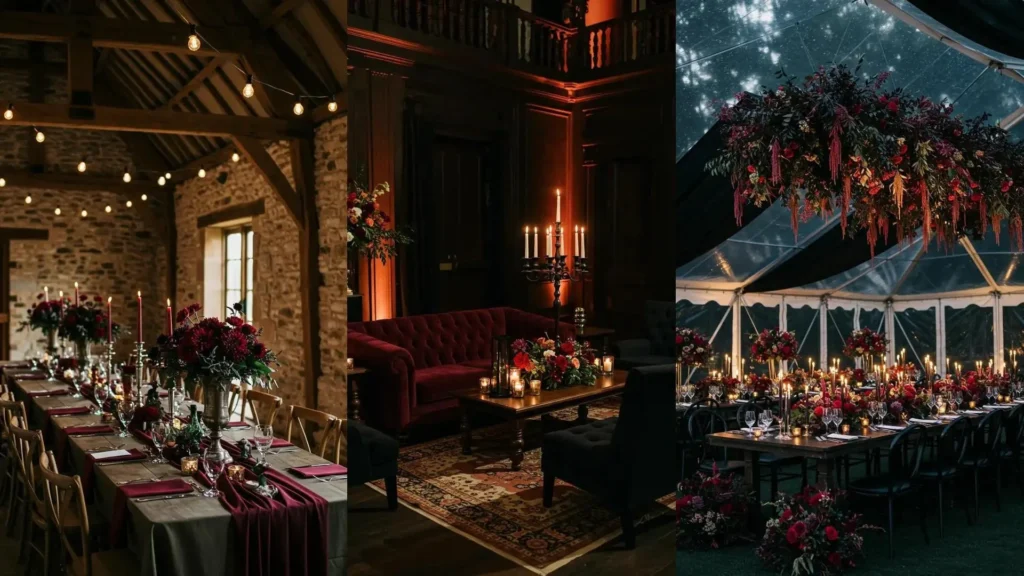 Moody burgundy wedding decor: dark candelabras illuminate lush floral arrangements on tables and as hanging installations.