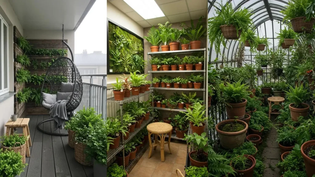 Lush nature-infused balcony, plant room, and greenhouse with wicker accents, mossy walls, and many potted ferns.