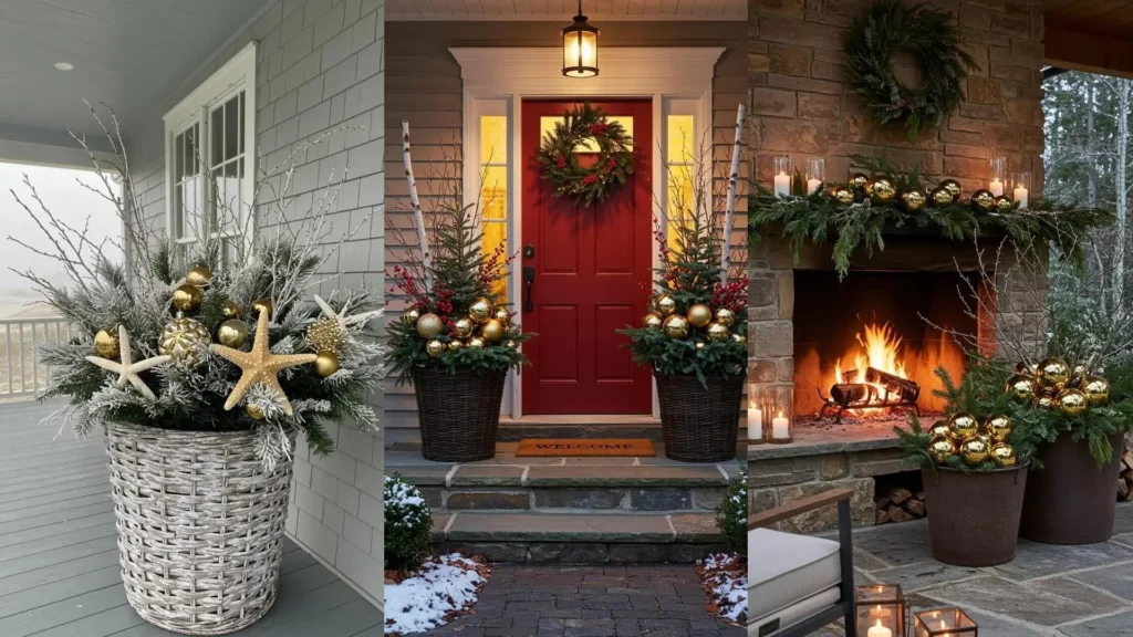 Three outdoor holiday planters featuring snowy branches, gold baubles, and rustic baskets in festive winter scenes.