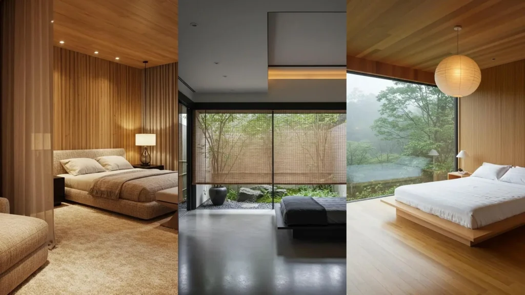 Serene zen bedrooms featuring low-profile platform beds, bamboo accents, and natural wood finishes.
