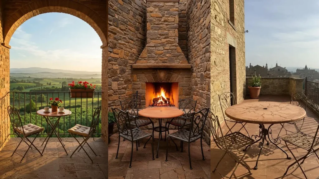 Tuscan-style outdoor spaces featuring terra cotta tables and wrought iron scrollwork chairs for garden decoration ideas.