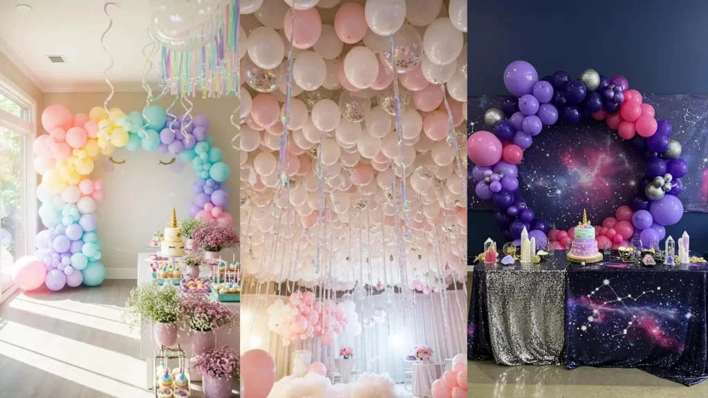 Collage of whimsical unicorn party decor, including rainbow balloon arches, iridescent balloons, and unicorn cakes.