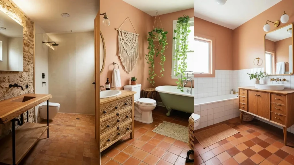 Earthy minimalist bathroom scenes with warm terracotta floors, raw wood vanities, and natural decor.