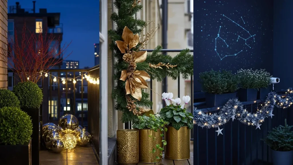 Beautiful holiday balcony displays featuring outdoor ornaments, winter florals, garlands, and string lights at night.
