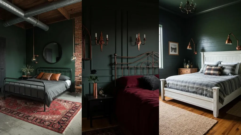Inspiring moody bedroom designs with dark green walls, copper fixtures, and rustic elements for a forest-themed retreat.